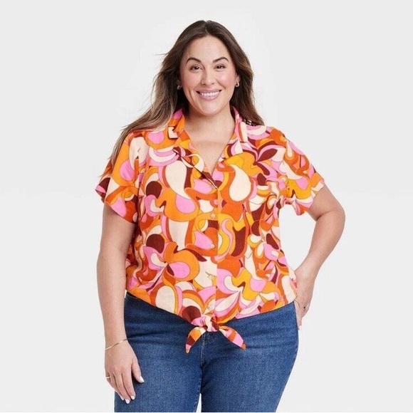 Ava & Viv Tops - Ava & Viv Orange Pink Floral Button Linen Shirt Size 3X